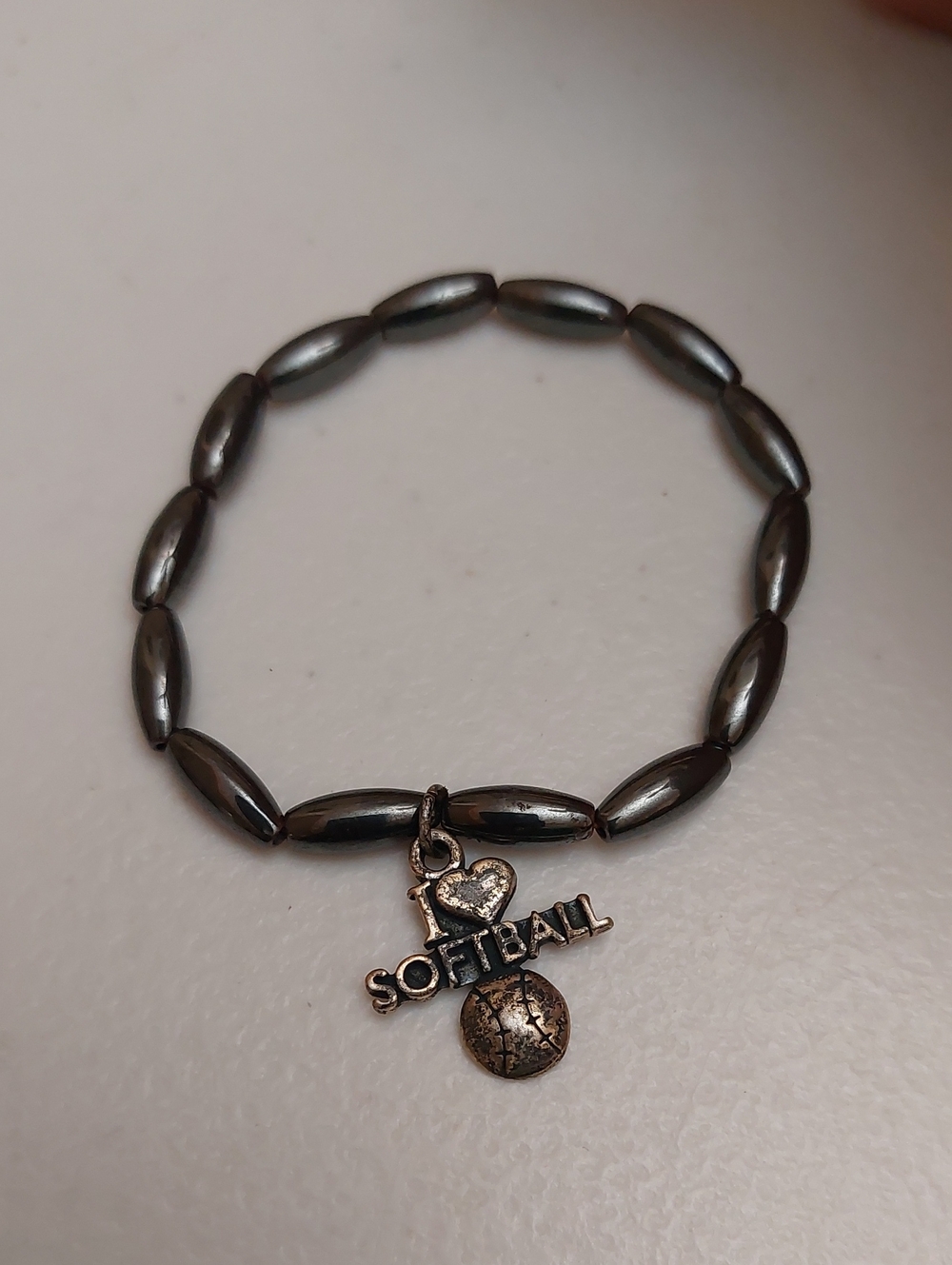 SJC 925 Sterling Silver I Heart Softball Charm On Non Magnetic Hematite Bracelet